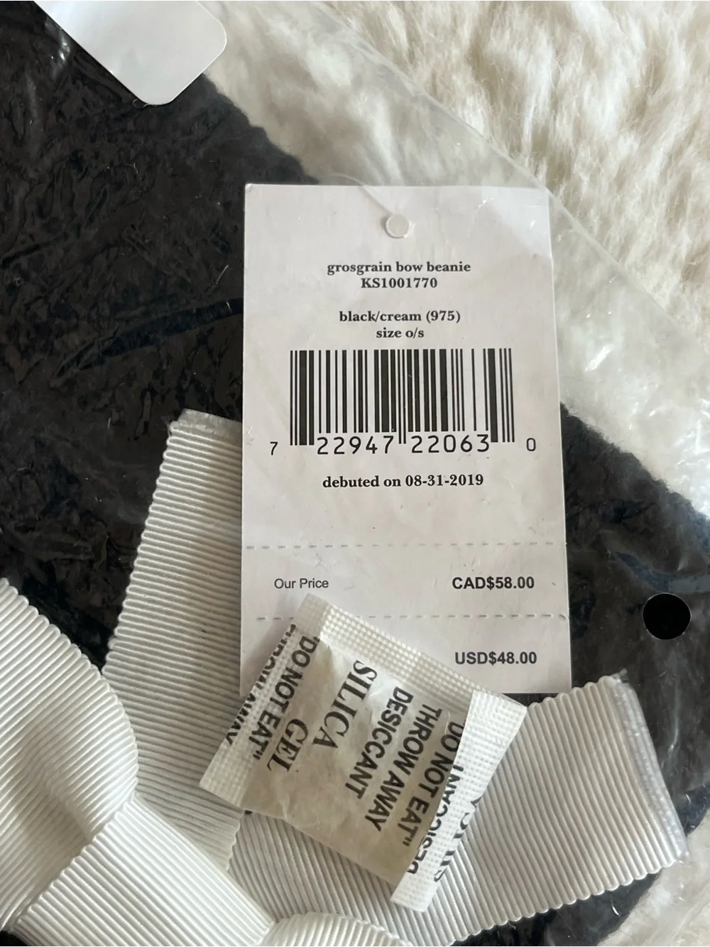 Kate Spade New York Grosgrain Bow Beanie Black/Cream Bow NWT Black Knit 2019